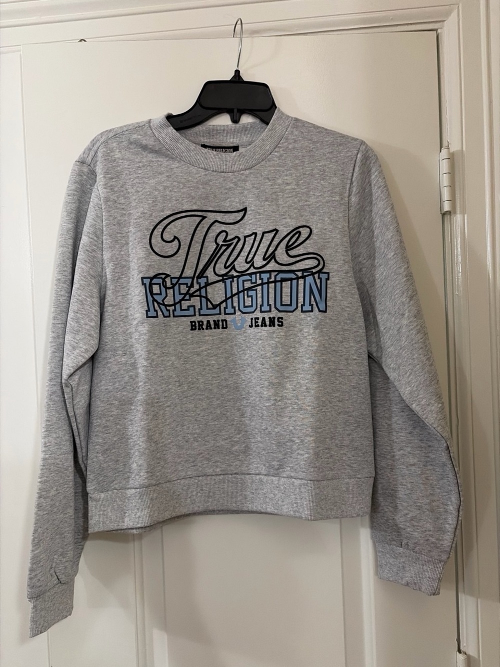 True Religion Gray Crewneck Sweatshirt with Blue Logo